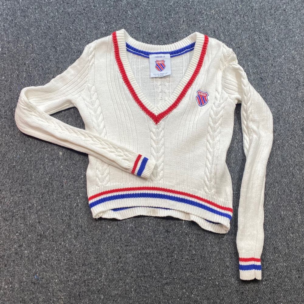 K Swiss Forever 21 Sweater Sz S Womens White Varsity Cable Knit V Neck Top
